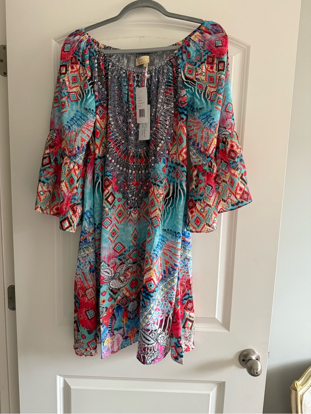 Turquoise Multicolor Boho Swim Coverup with Bell Sleeves